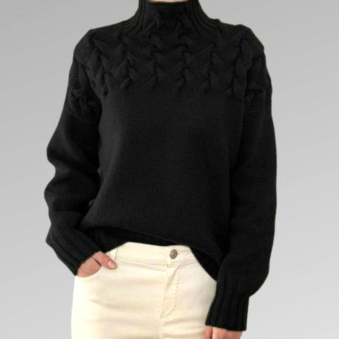 Women's Cable-Knit Turtleneck Knitted Jumper Relaxed Fit, Black - Black
