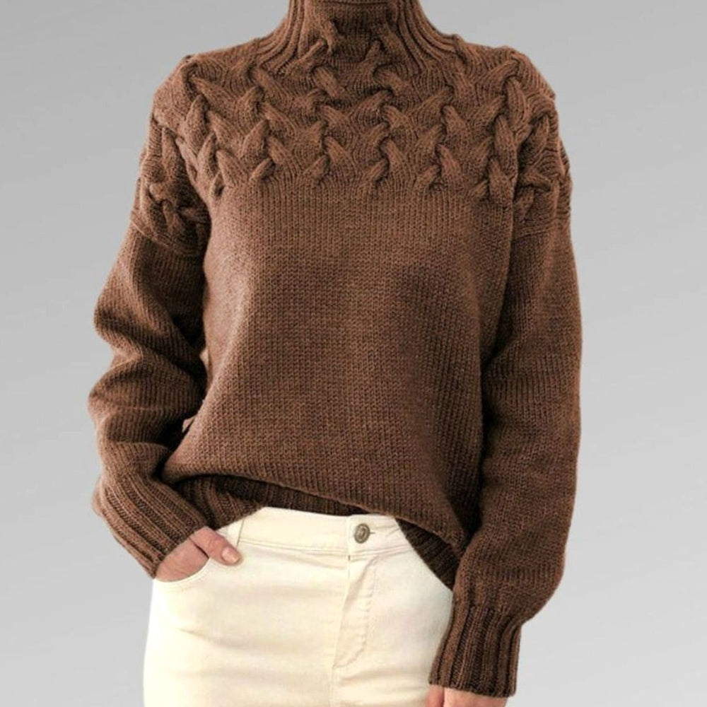 Women's Cable-Knit Turtleneck Knitted Jumper Relaxed Fit, Black - Brown
