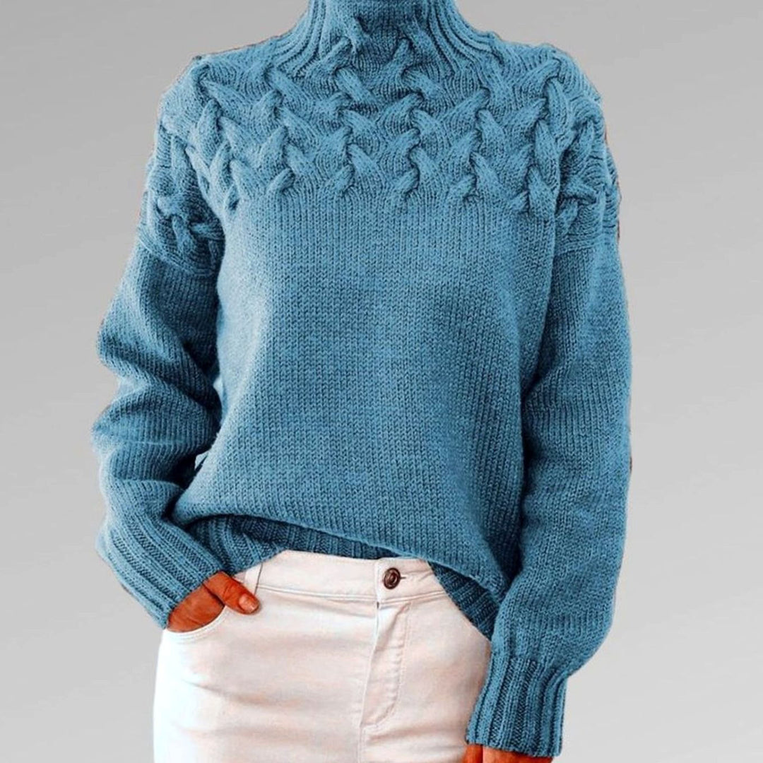Women's Cable-Knit Turtleneck Knitted Jumper Relaxed Fit, Black - Light Blue