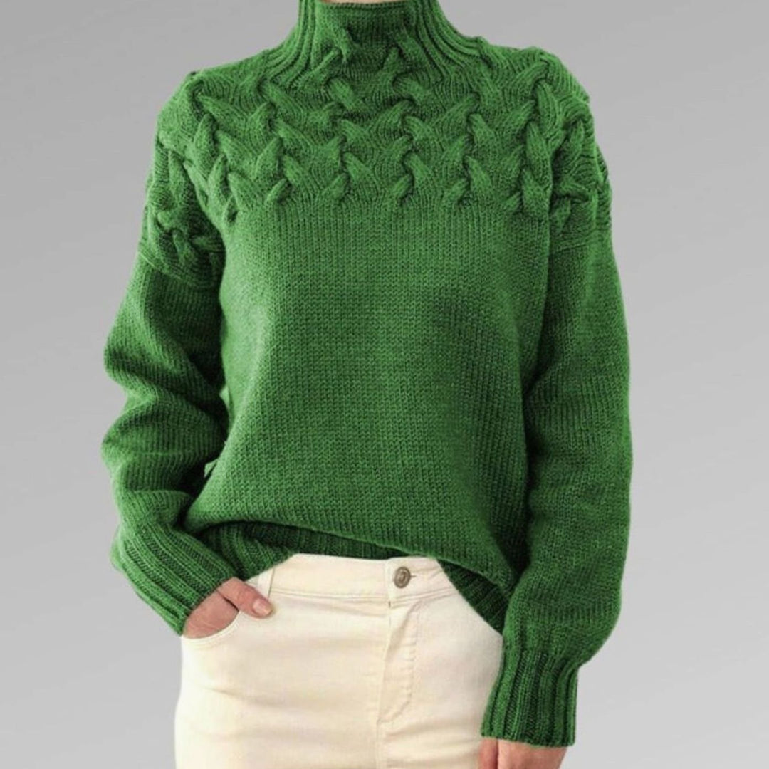 Women's Cable-Knit Turtleneck Knitted Jumper Relaxed Fit, Black - Green