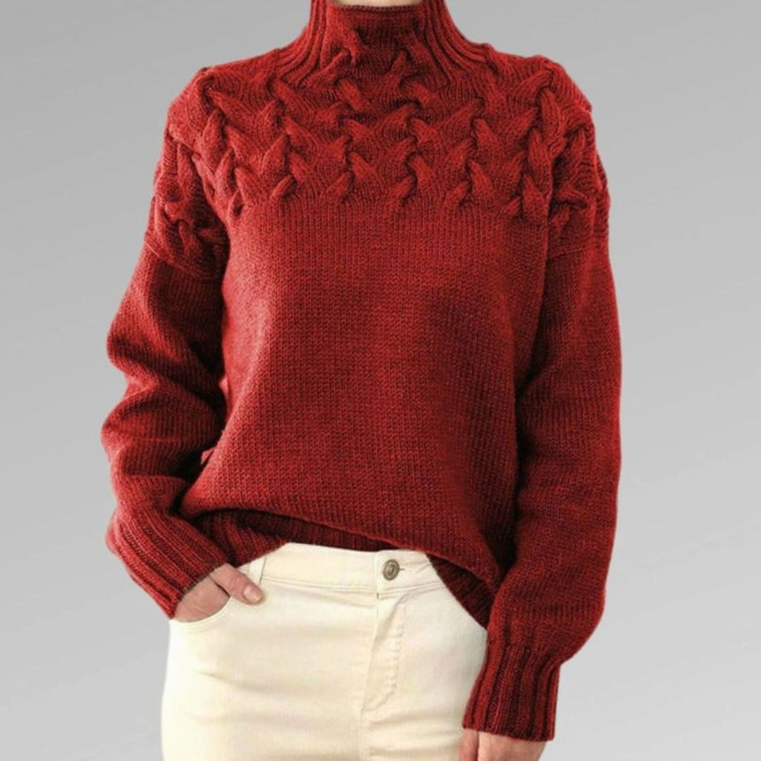 Women's Cable-Knit Turtleneck Knitted Jumper Relaxed Fit, Black - Red