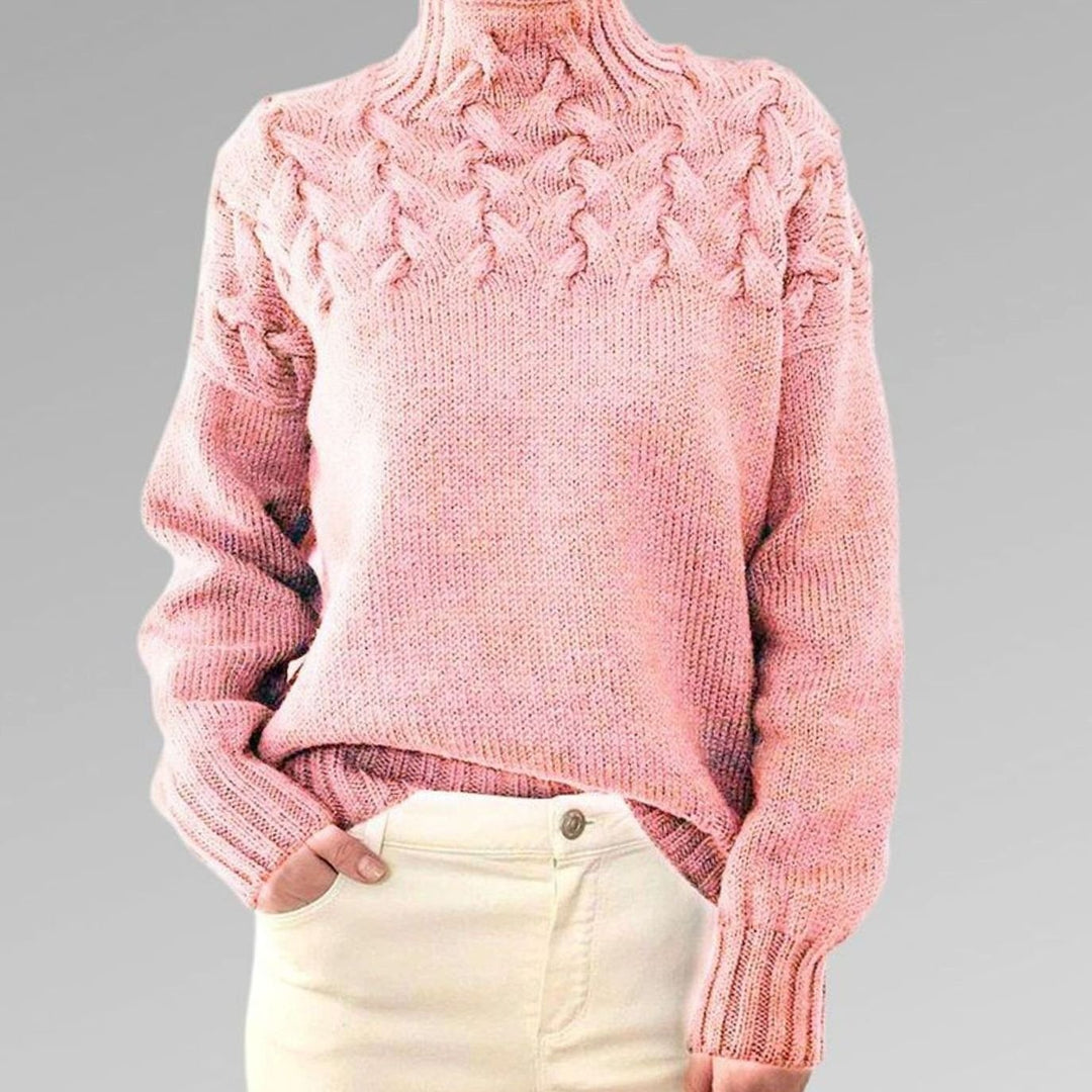 Women's Cable-Knit Turtleneck Knitted Jumper Relaxed Fit, Black - Pink