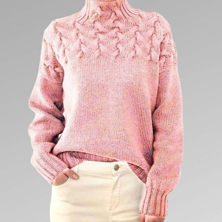 Women's Cable-Knit Turtleneck Knitted Jumper Relaxed Fit, Black - Pink