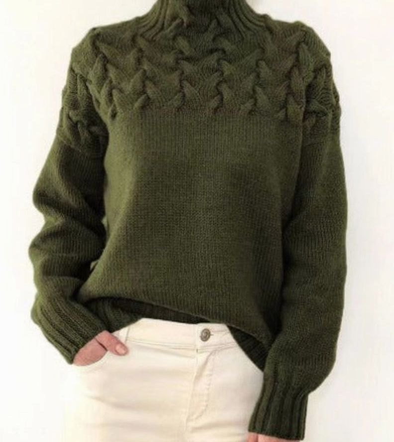 Women's Cable-Knit Turtleneck Knitted Jumper Relaxed Fit, Black - Dark Green