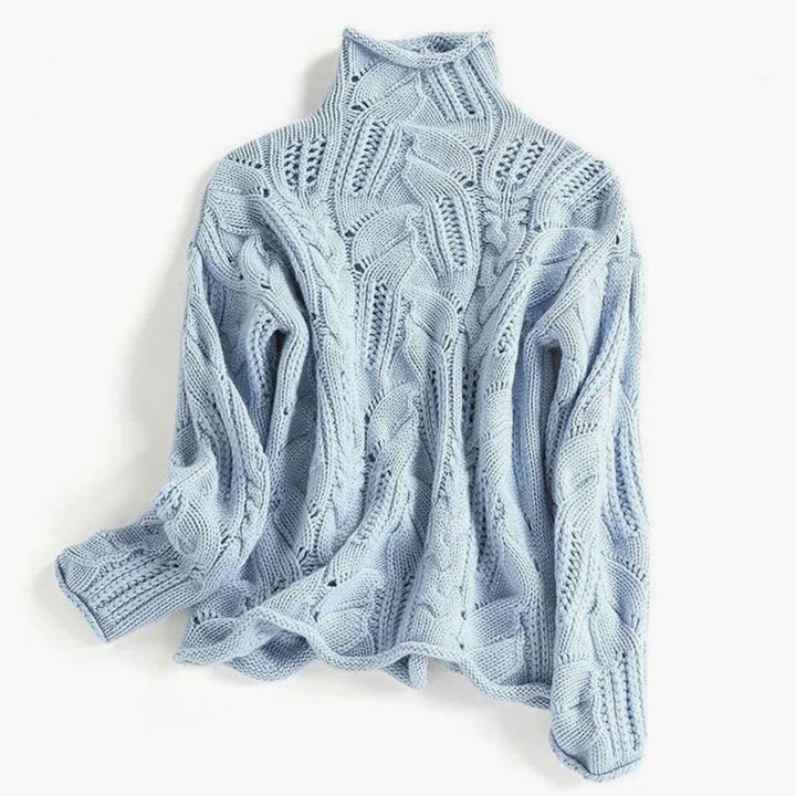 Women's Cable-Knit Turtleneck Knitted Jumper Relaxed Fit, Light Blue - Blue