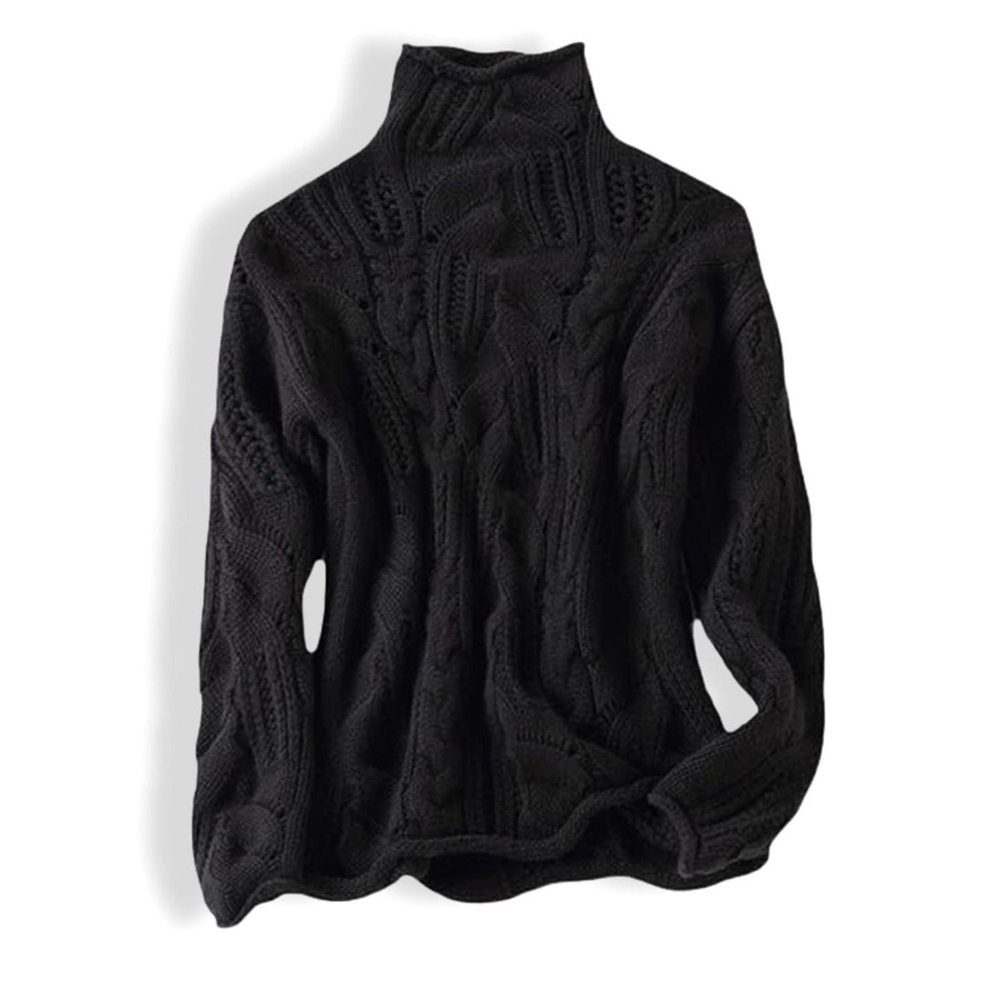 Women's Cable-Knit Turtleneck Knitted Jumper Relaxed Fit, Light Blue - Black