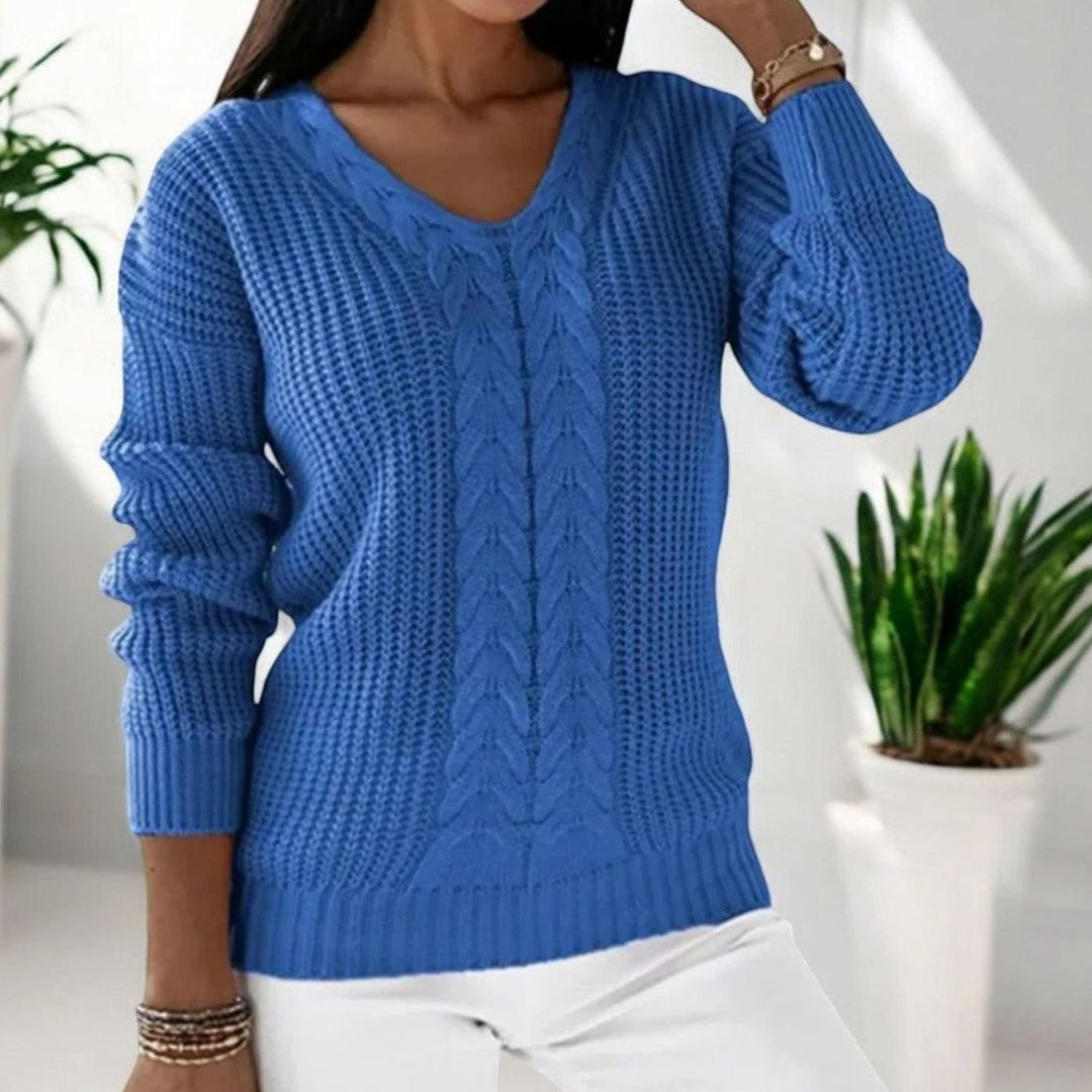 Women's Cable-Knit V-Neck Long-Sleeve Knitted Jumper - Blue