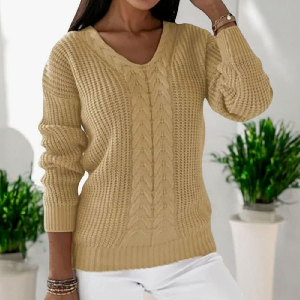 Women's Cable-Knit V-Neck Long Sleeve Knitted Jumper - Pastel Orange