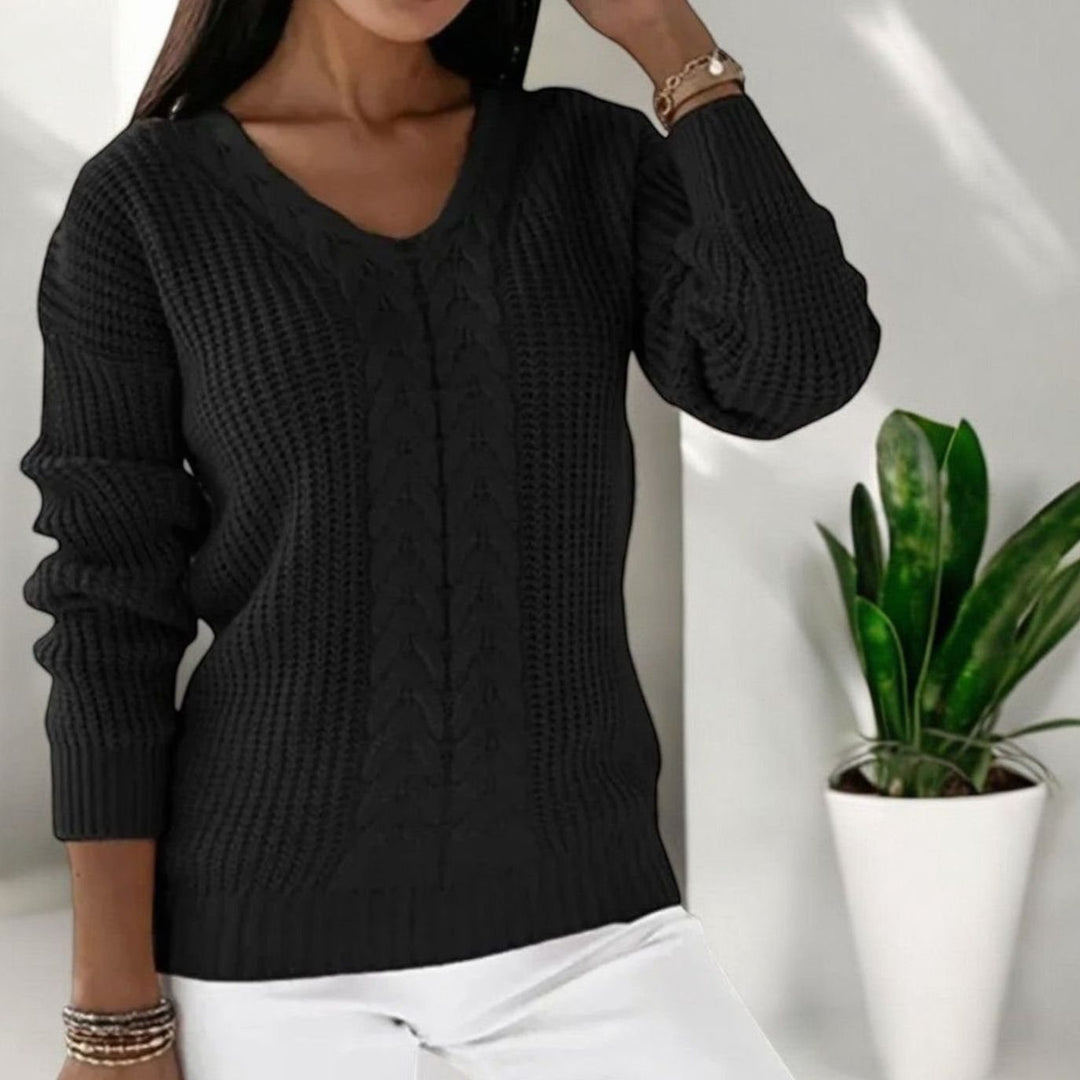 Women's Cable-Knit V-Neck Long-Sleeve Knitted Jumper - Black