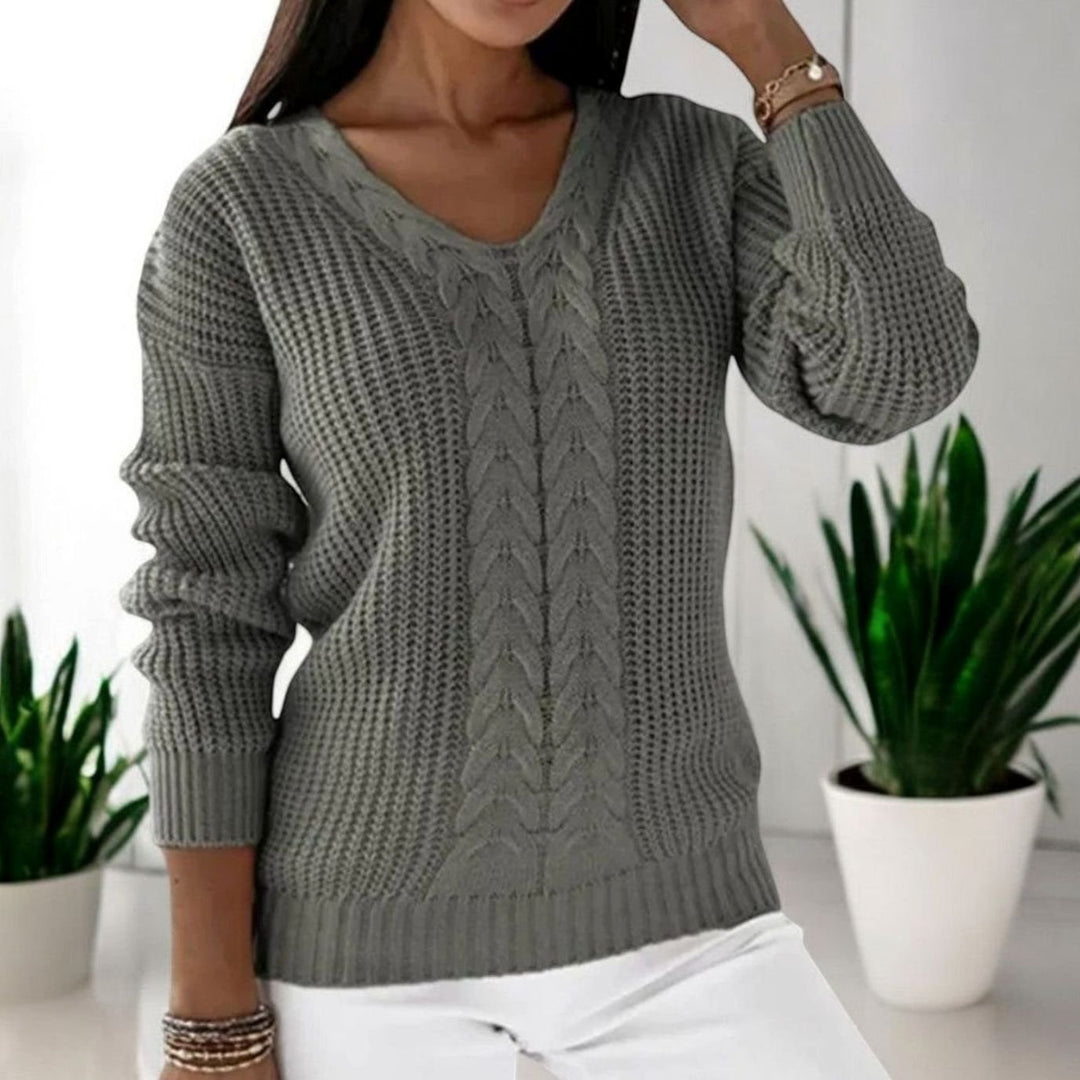 Women's Cable-Knit V-Neck Long Sleeve Knitted Jumper - Grey