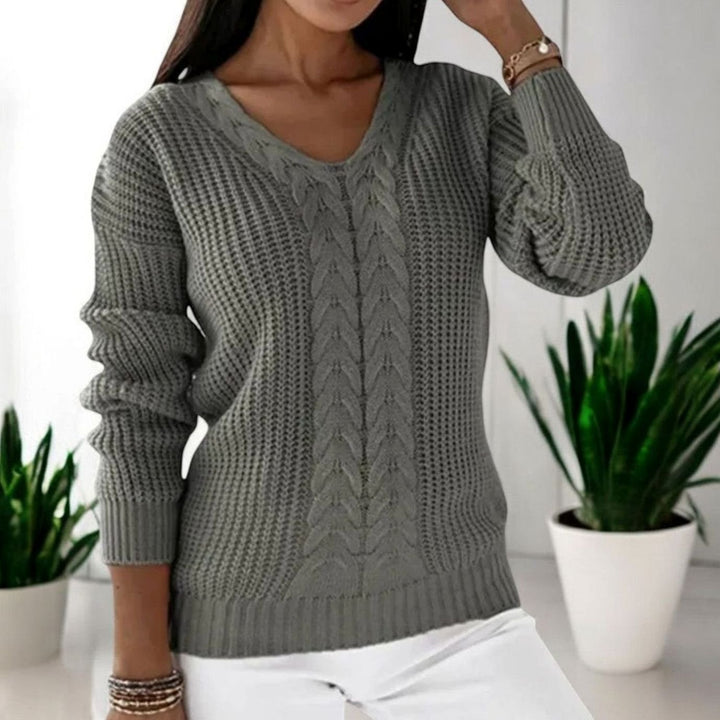 Women's Cable-Knit V-Neck Long-Sleeve Knitted Jumper - Grey