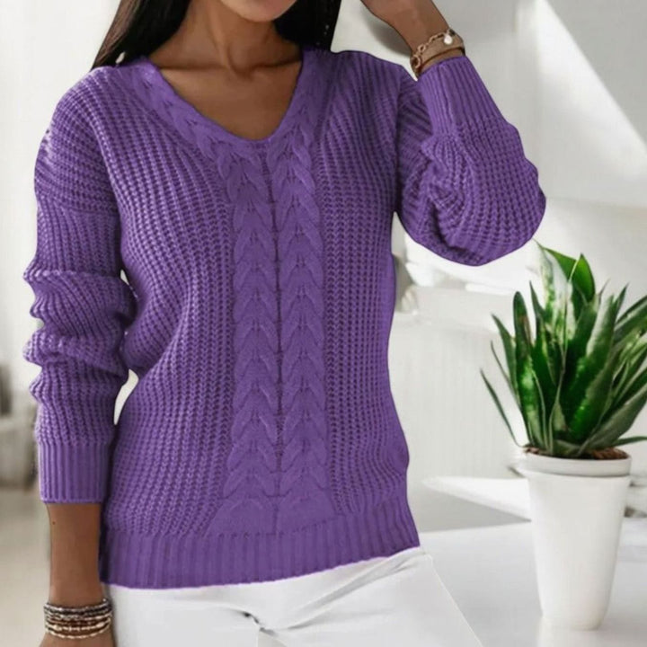 Women's Cable-Knit V-Neck Long-Sleeve Knitted Jumper - Purple