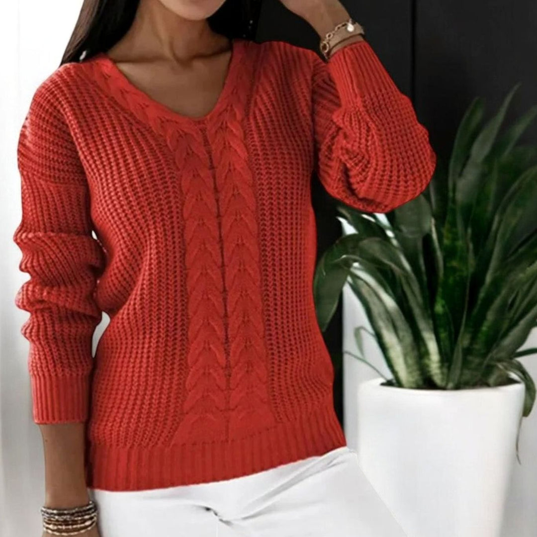 Women's Cable-Knit V-Neck Long Sleeve Knitted Jumper - Red