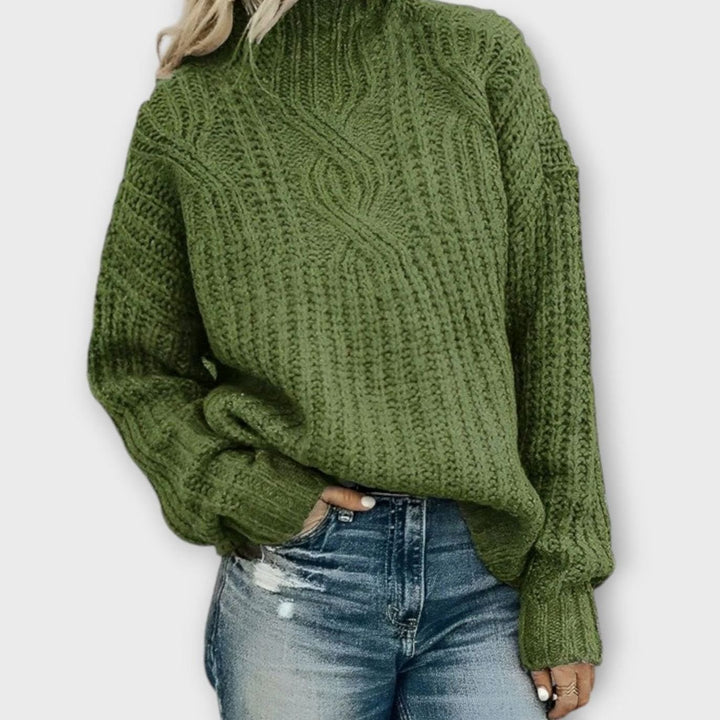 Women's Cable Knitted Jumper Mock Neck Oversized Pullover - Green