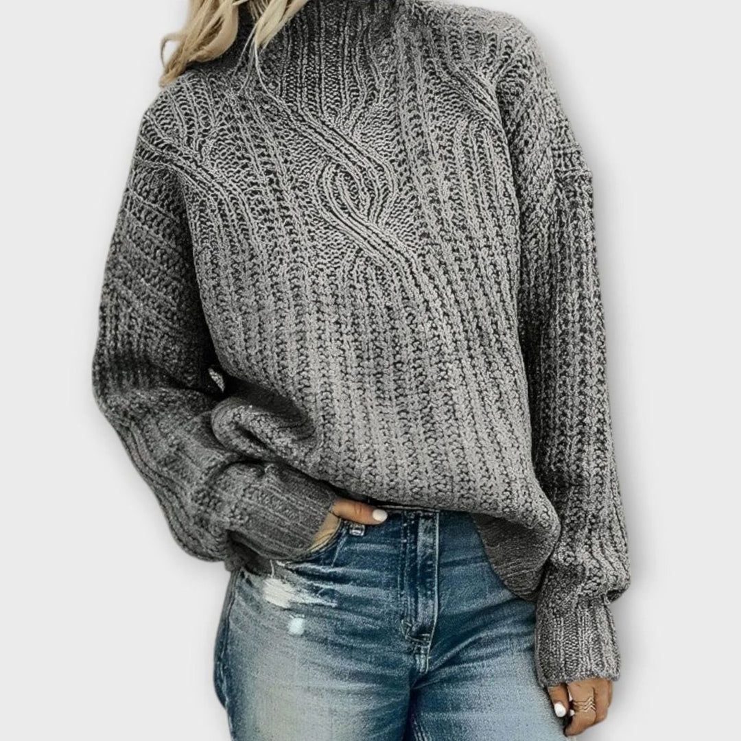 Women's Cable Knitted Jumper Mock Neck Oversized Pullover - Grey