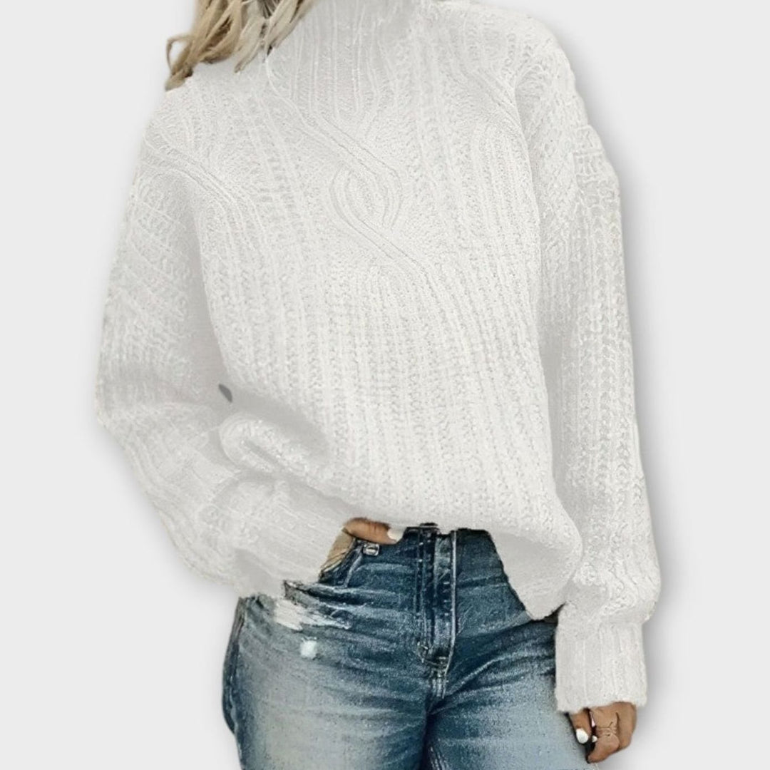 Women's Cable Knitted Jumper Mock Neck Oversized Pullover - White