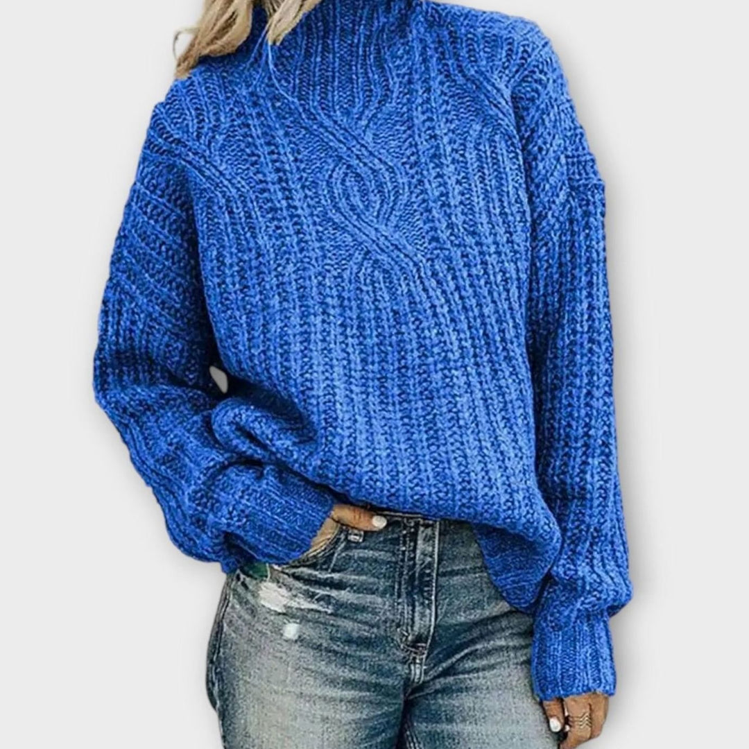 Women's Cable Knitted Jumper Mock Neck Oversized Pullover - Blue