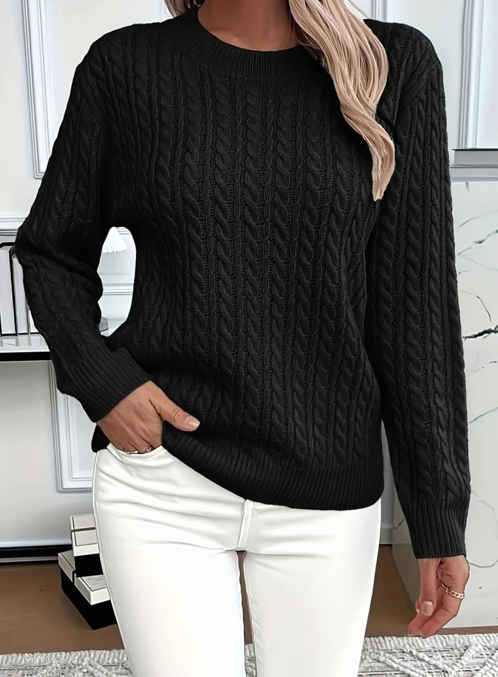 Women's Cable Knitted Jumper Relaxed Crew-Neck Pullover - Black