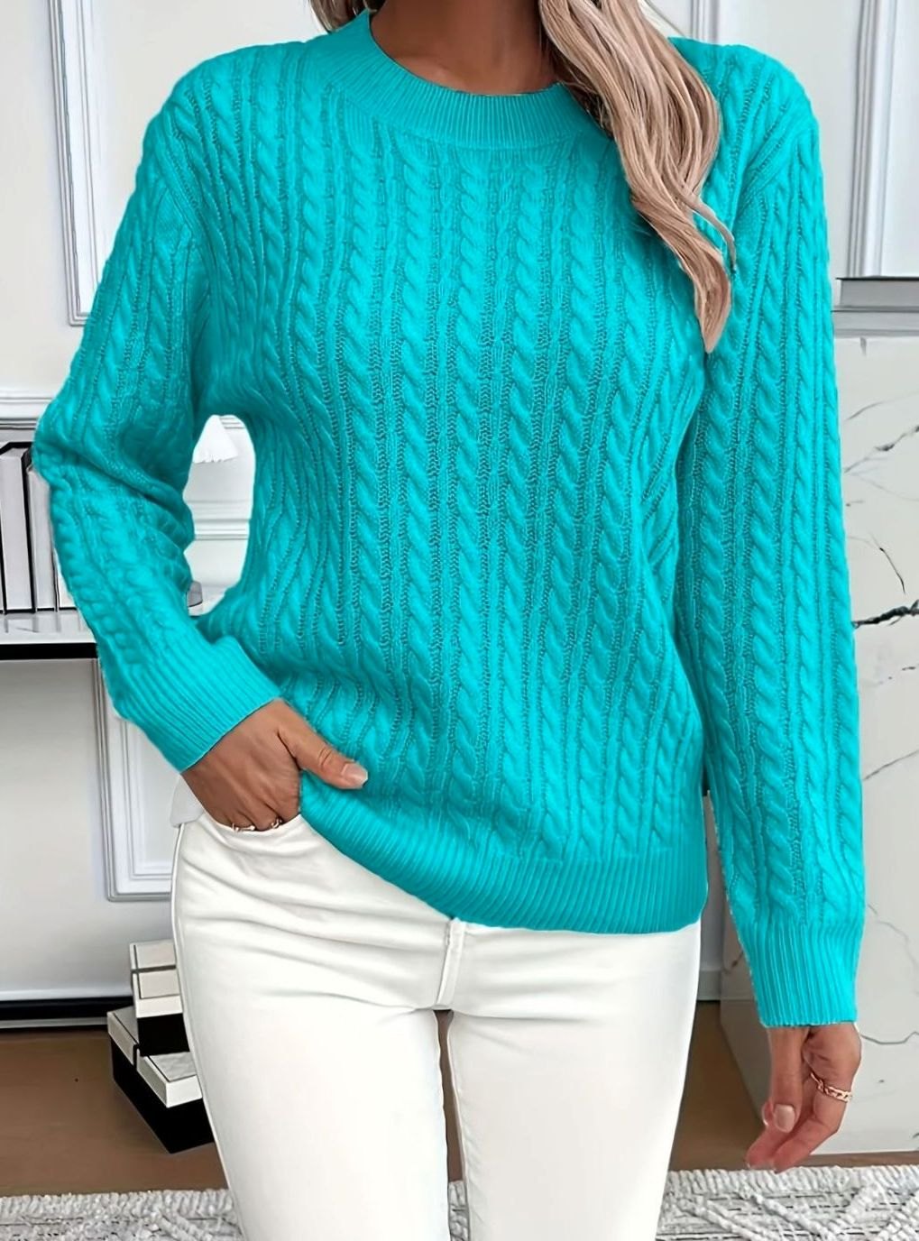 Women's Cable Knitted Jumper Relaxed Crew-Neck Pullover - Cyan