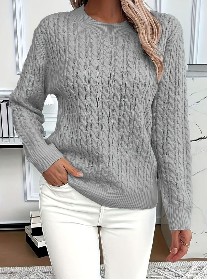 Women's Cable Knitted Jumper Relaxed Crew-Neck Pullover - Grey