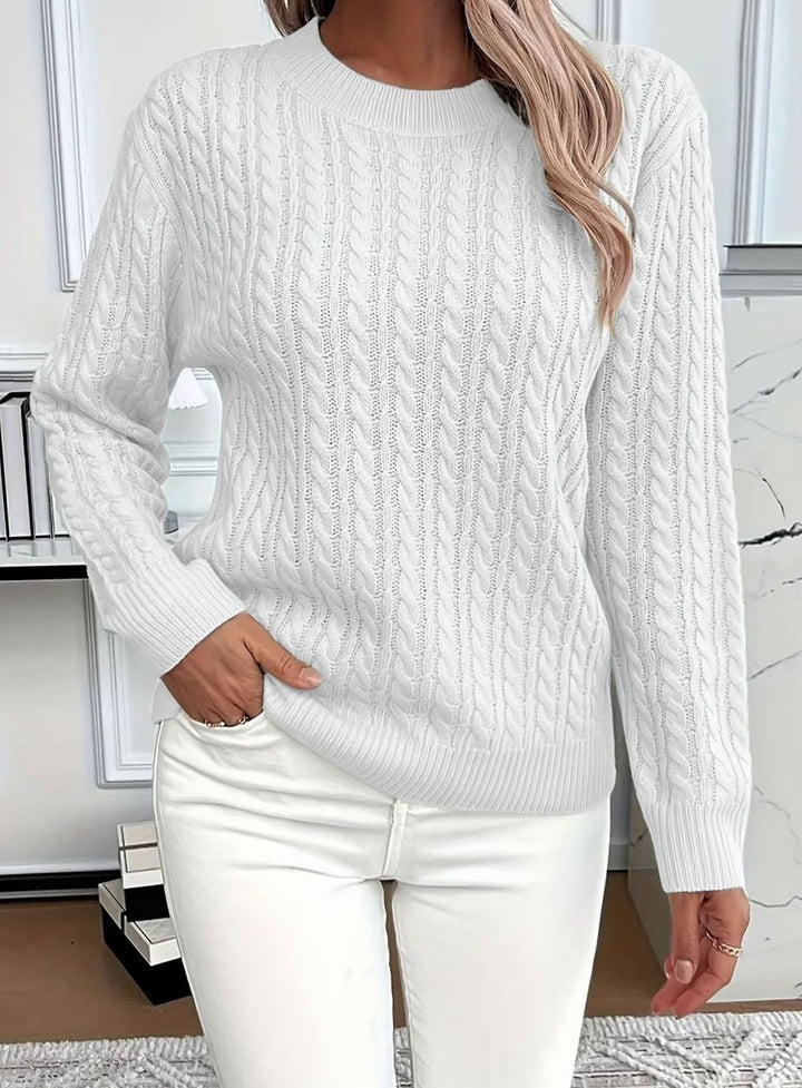 Women's Cable Knitted Jumper Relaxed Crew-Neck Pullover - White