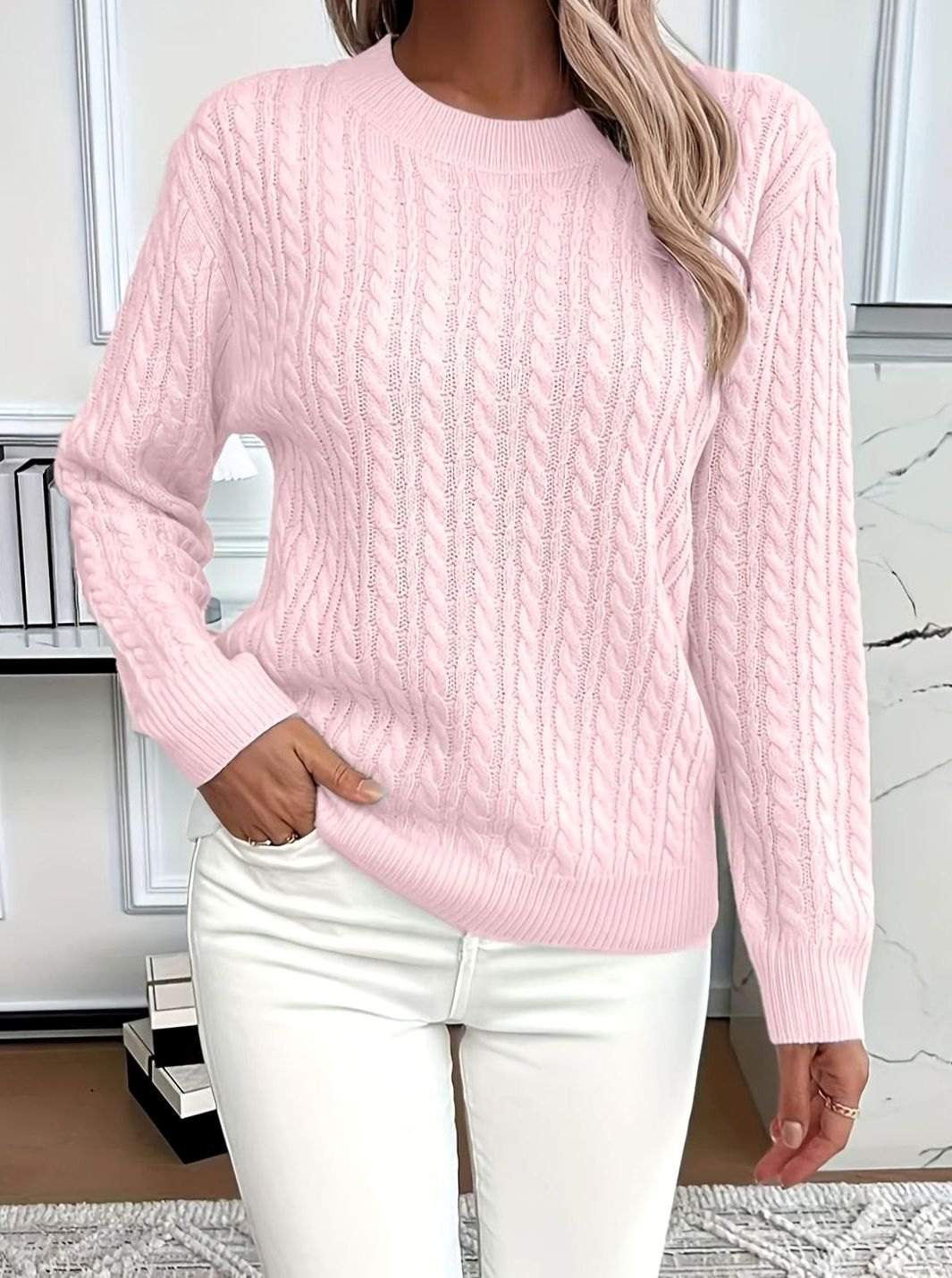 Women's Cable Knitted Jumper Relaxed Crew-Neck Pullover - Pink