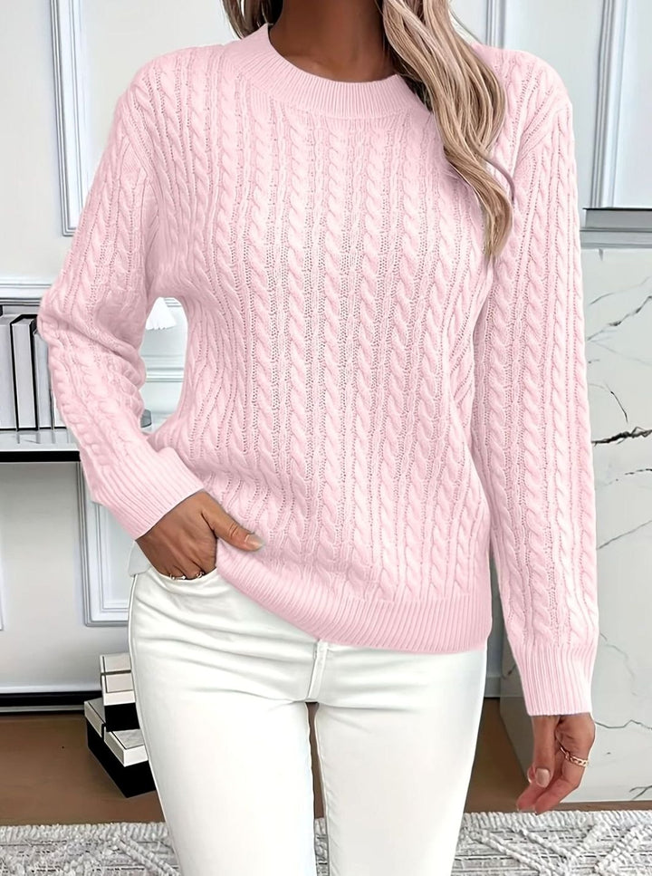 Women's Cable Knitted Jumper Relaxed Crew-Neck Pullover - Pink