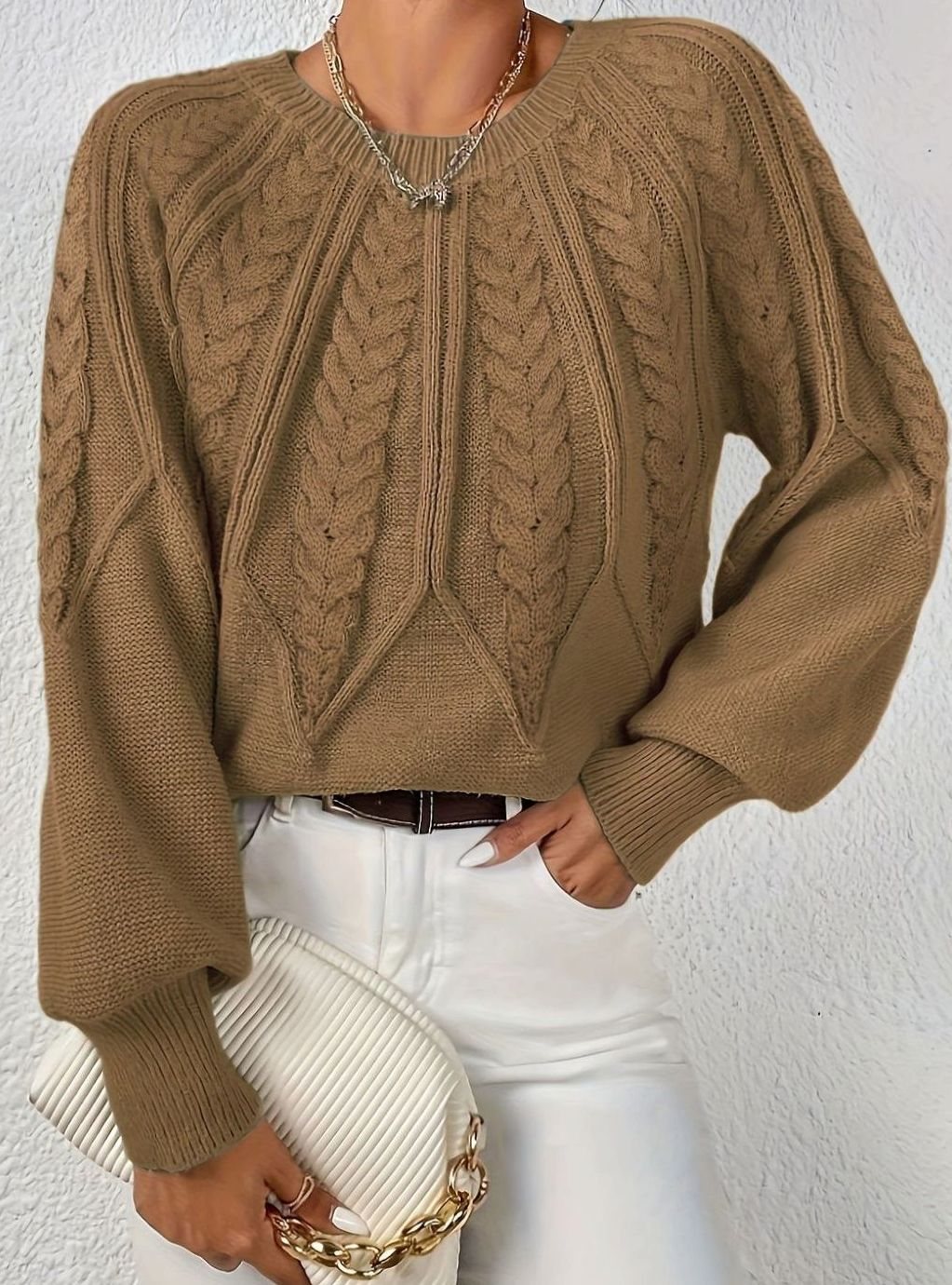 Women's Cable Knitted Jumper Relaxed-Fit Crew Neck Pullover - Camel