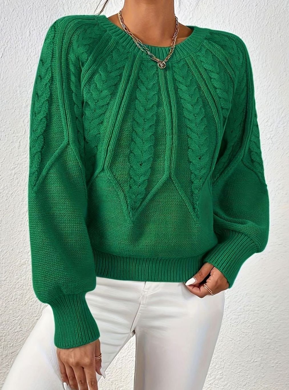 Women's Cable Knitted Jumper Relaxed-Fit Crew Neck Pullover - Green