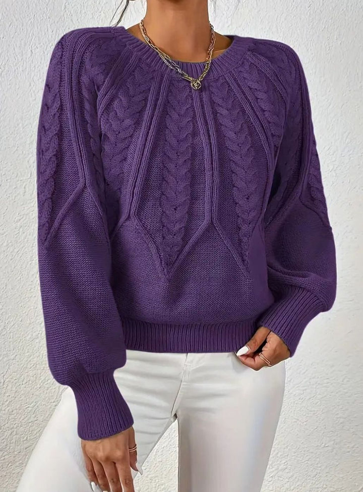 Women's Cable Knitted Jumper Relaxed-Fit Crew Neck Pullover - Purple