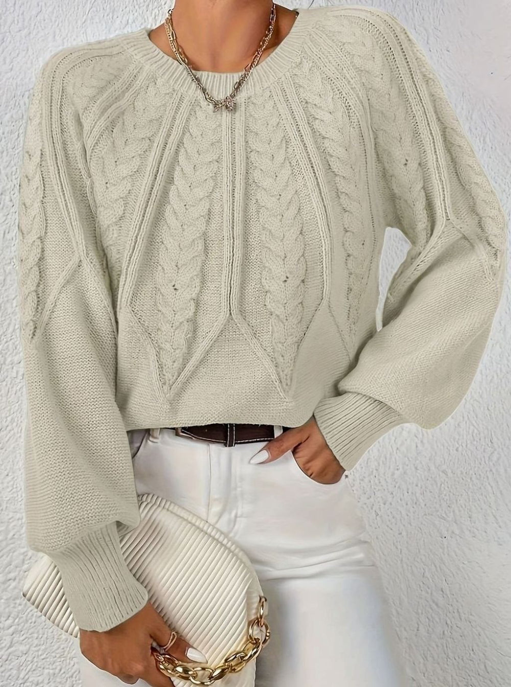 Women's Cable Knitted Jumper Relaxed-Fit Crew Neck Pullover - Beige