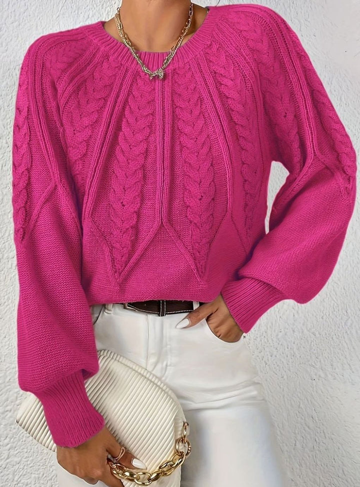Women's Cable Knitted Jumper Relaxed-Fit Crew Neck Pullover
