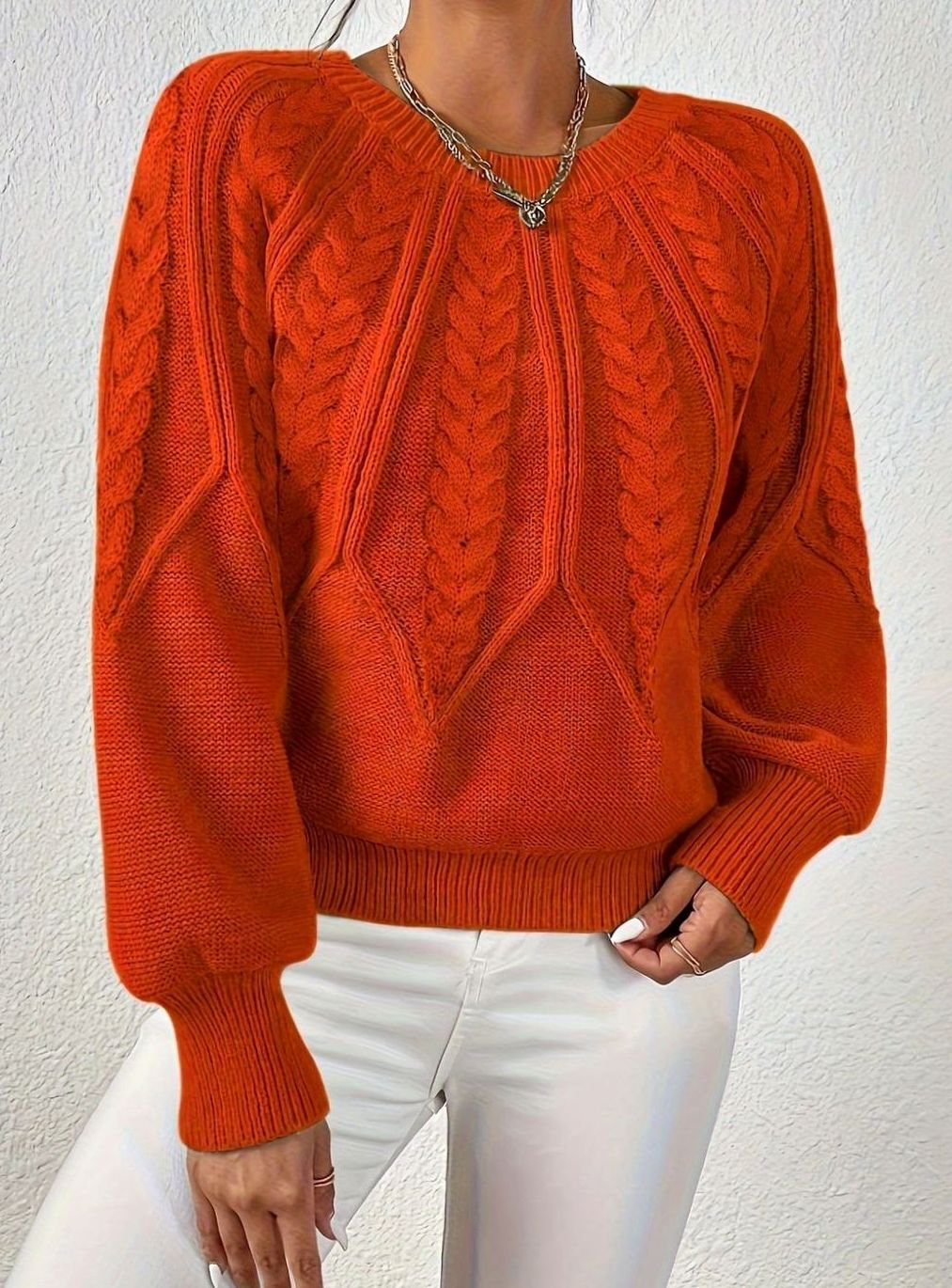 Women's Cable Knitted Jumper Relaxed-Fit Crew Neck Pullover
