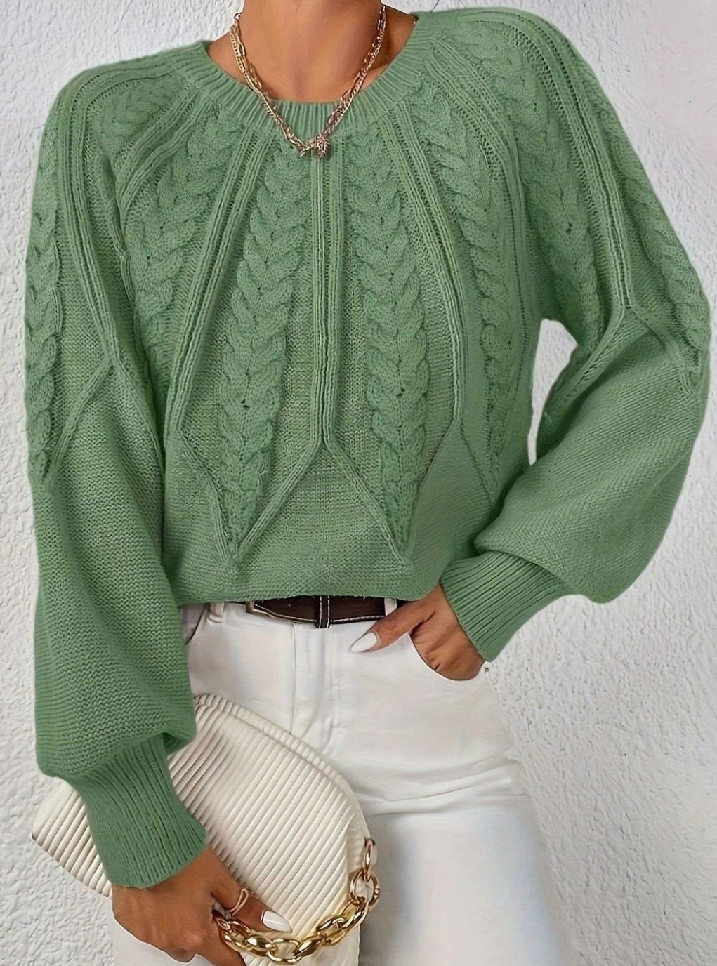 Women's Cable Knitted Jumper Relaxed-Fit Crew Neck Pullover - Light Green