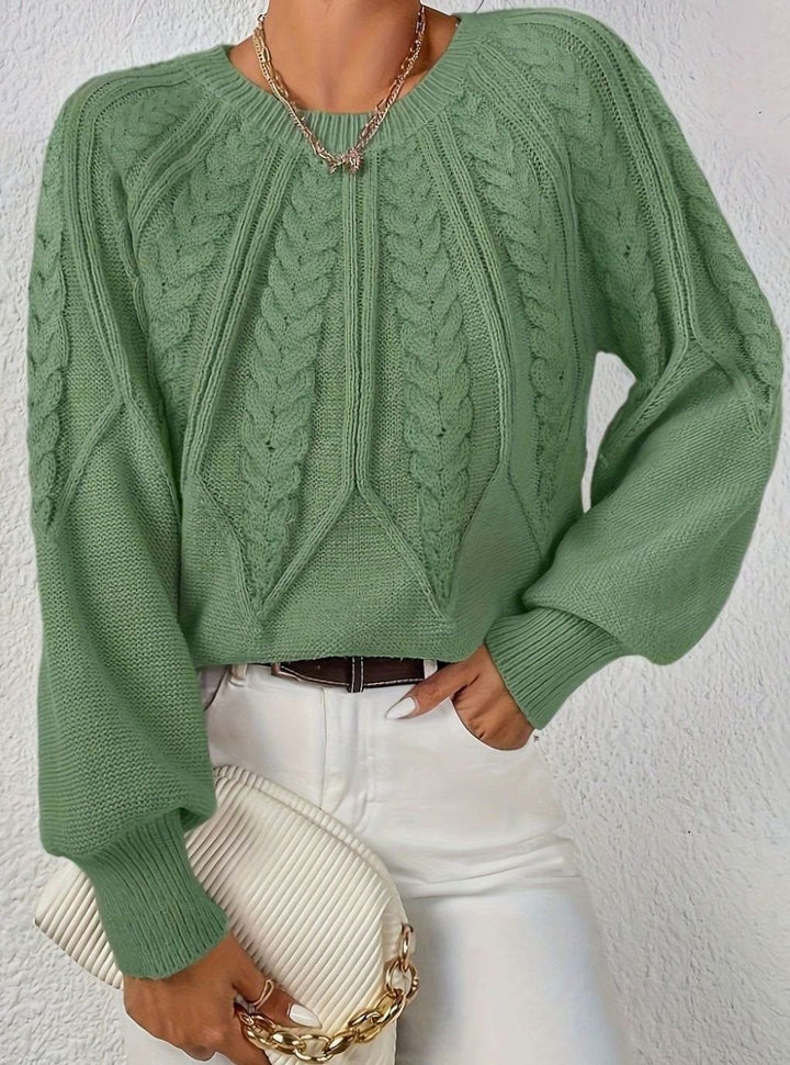 Women's Cable Knitted Jumper Relaxed-Fit Crew Neck Pullover - Light Green