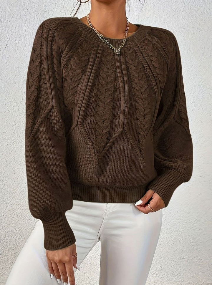 Women's Cable Knitted Jumper Relaxed-Fit Crew Neck Pullover - Brown