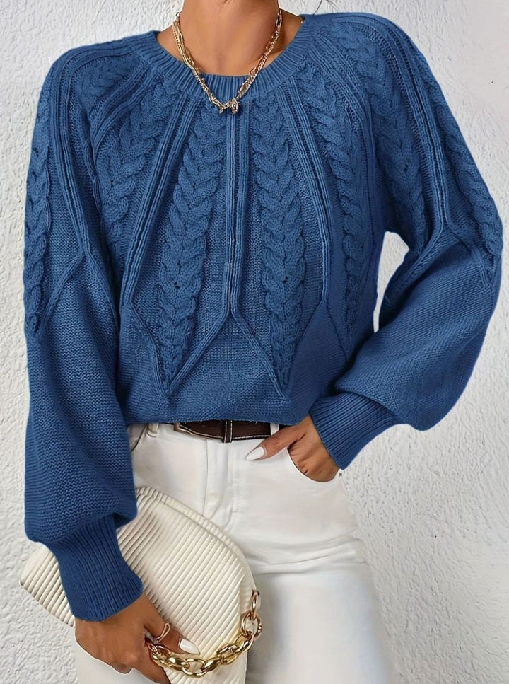 Women's Cable Knitted Jumper Relaxed-Fit Crew Neck Pullover - Navy Blue