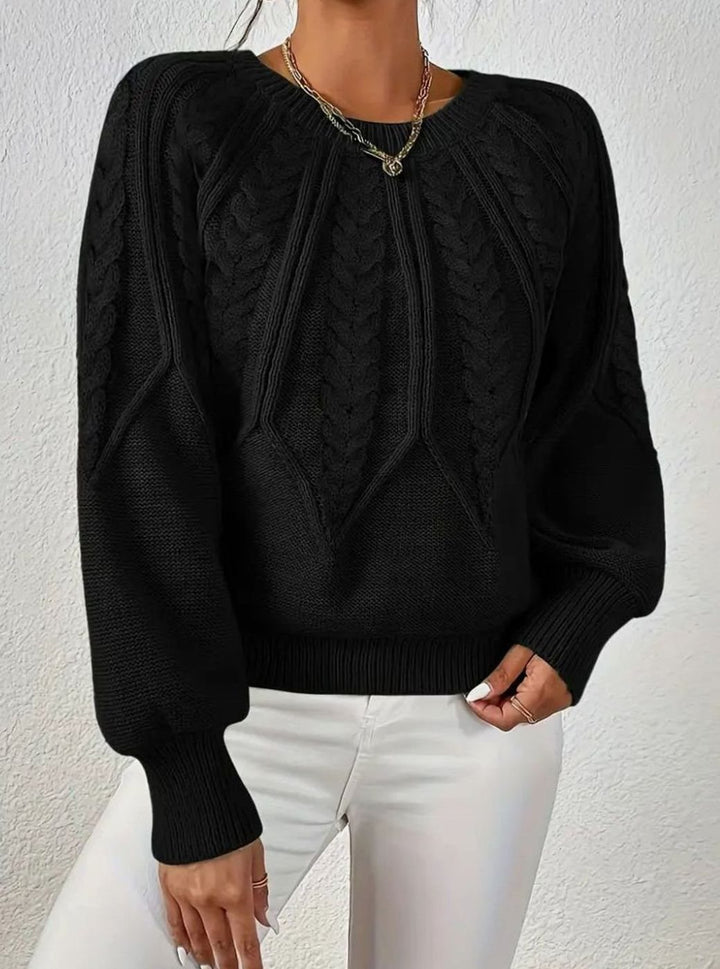 Women's Cable Knitted Jumper Relaxed-Fit Round-Neck Pullover - Black