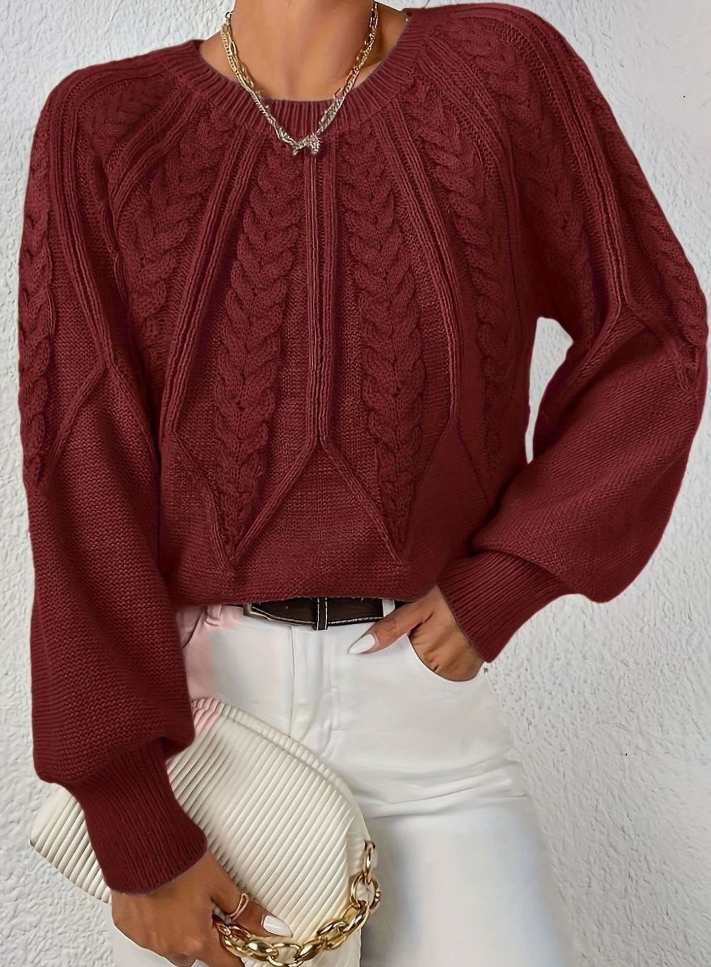 Women's Cable Knitted Jumper Relaxed-Fit Round-Neck Pullover - Red