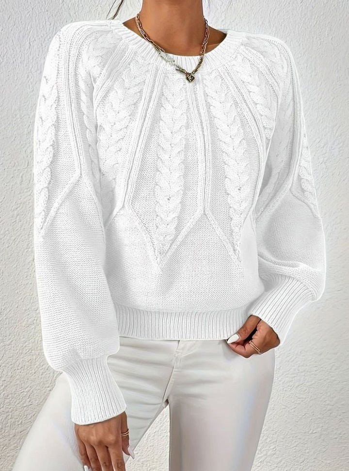 Women's Cable Knitted Jumper Relaxed-Fit Round-Neck Pullover - White
