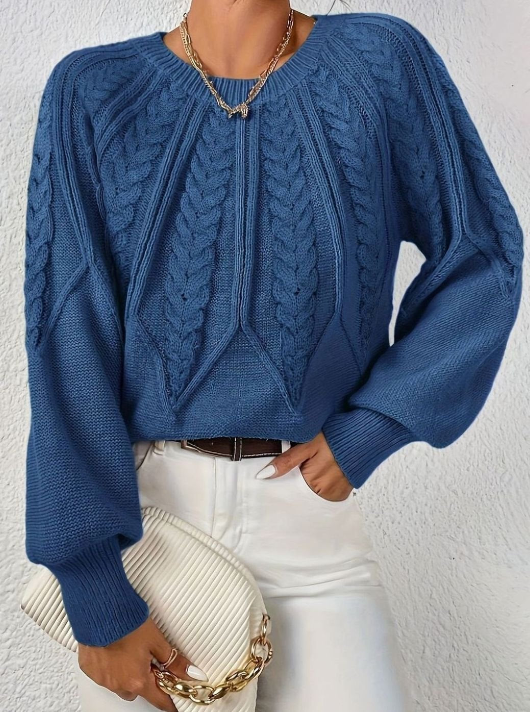 Women's Cable Knitted Jumper Relaxed-Fit Round-Neck Pullover - Navy Blue