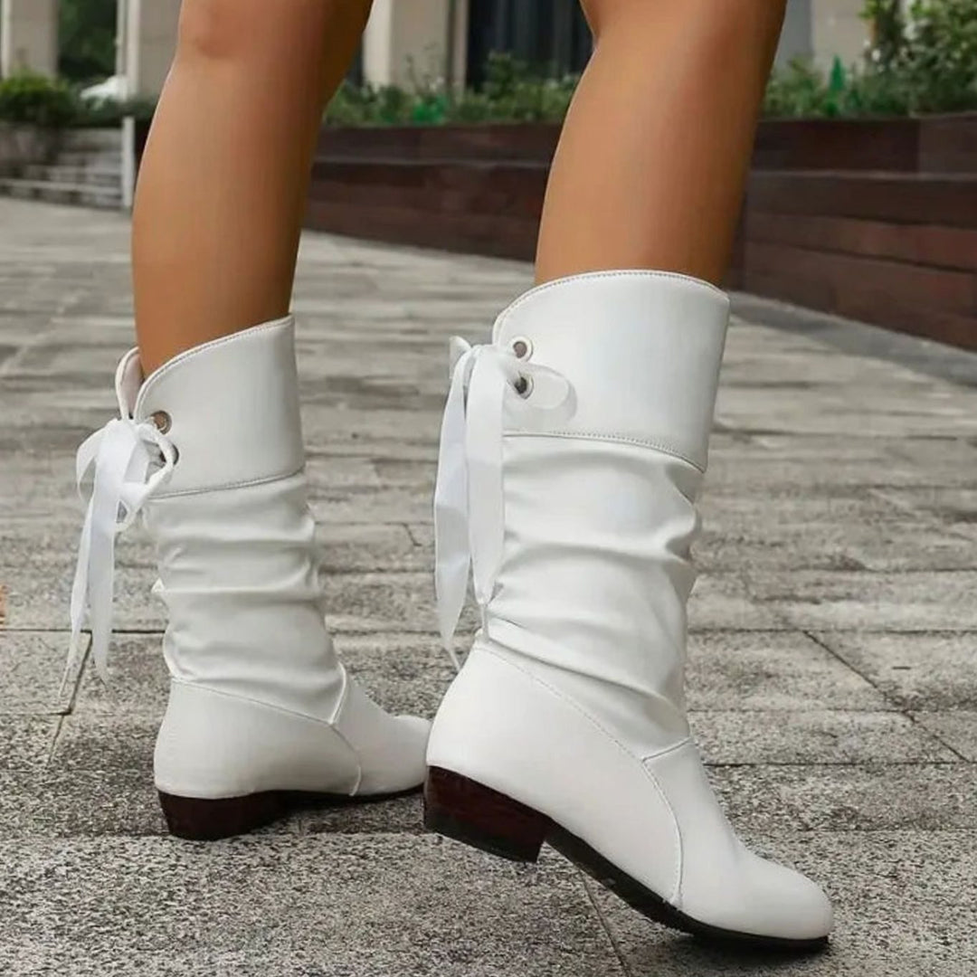 Women's Calf-High Lace-Up Ruched Block Heel Mid-Calf Boots
