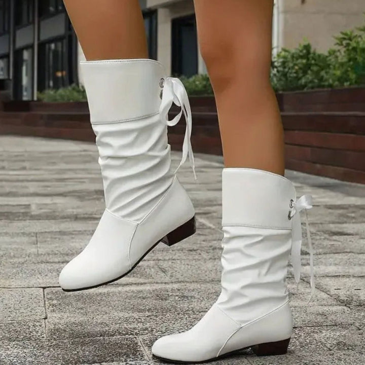 Women's Calf-High Lace-Up Ruched Block Heel Mid-Calf Boots