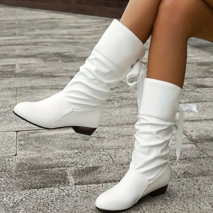 Women's Calf-High Lace-Up Ruched Block Heel Mid-Calf Boots - White
