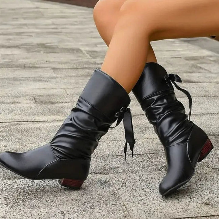 Women's Calf-High Lace-Up Ruched Block Heel Mid-Calf Boots - Black