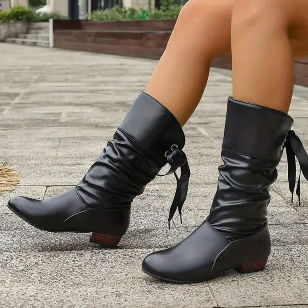 Women's Calf-High Lace-Up Ruched Block Heel Mid-Calf Boots