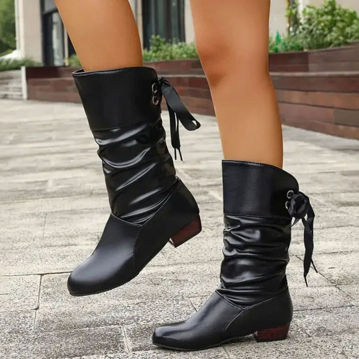 Women's Calf-High Lace-Up Ruched Block Heel Mid-Calf Boots