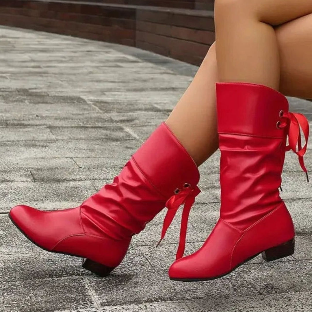 Women's Calf-High Lace-Up Ruched Block Heel Mid-Calf Boots