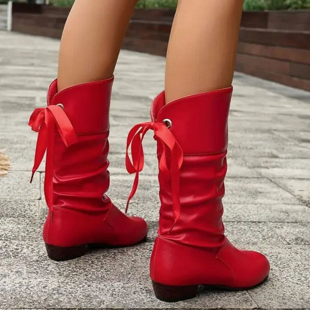 Women's Calf-High Lace-Up Ruched Block Heel Mid-Calf Boots