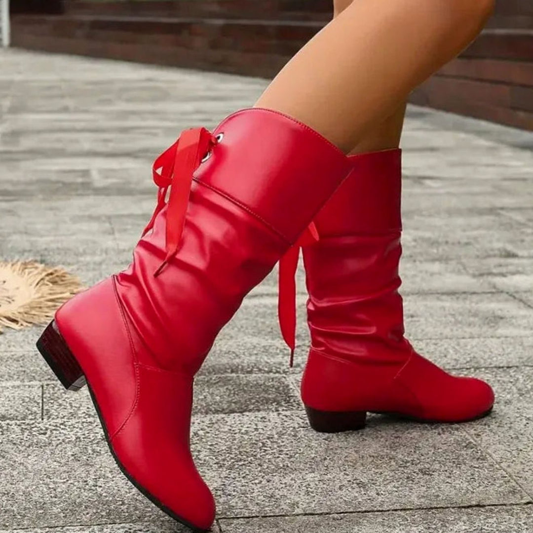 Women's Calf-High Lace-Up Ruched Block Heel Mid-Calf Boots